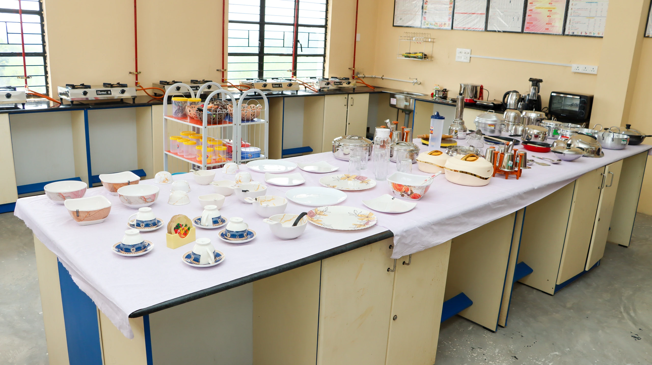 Community and nutrition lab with cooking stoves, utensils and crockery